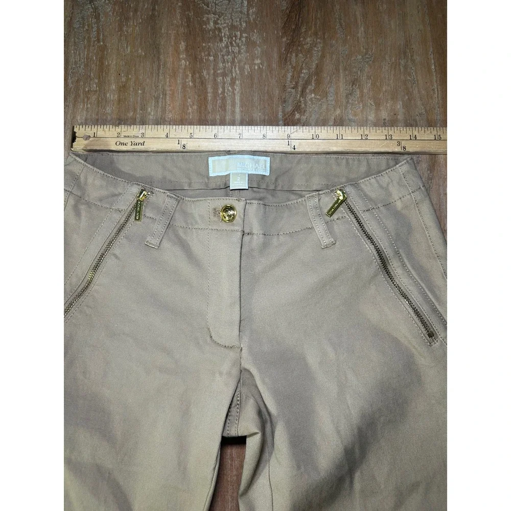 Michael Kors Womens Khaki Skinny Pants Gold Ankle Zipper Size 2 Tan Chino‎